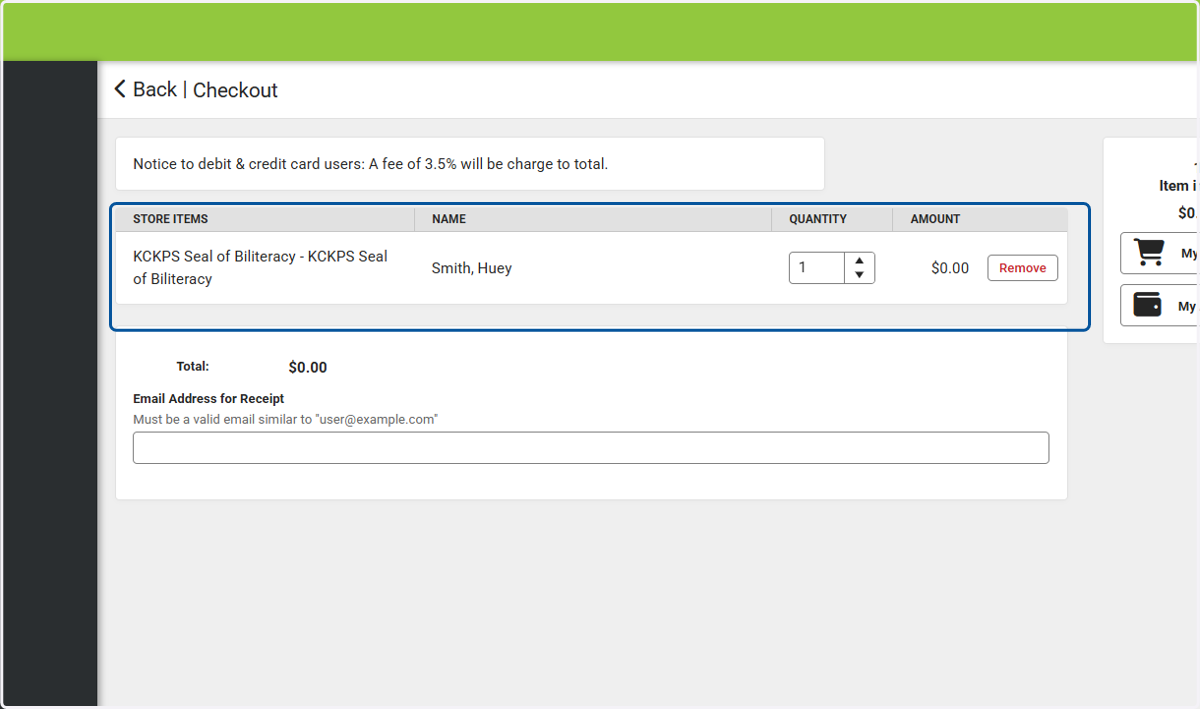 Here is an overview of what your checkout screen will look like. You can see the form for the Seal of Biliteracy is there and the amount is $0.00.