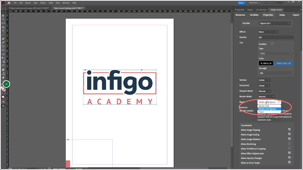 Select Media and Cliparts from the Mode dropdown to enable the use of both resource types