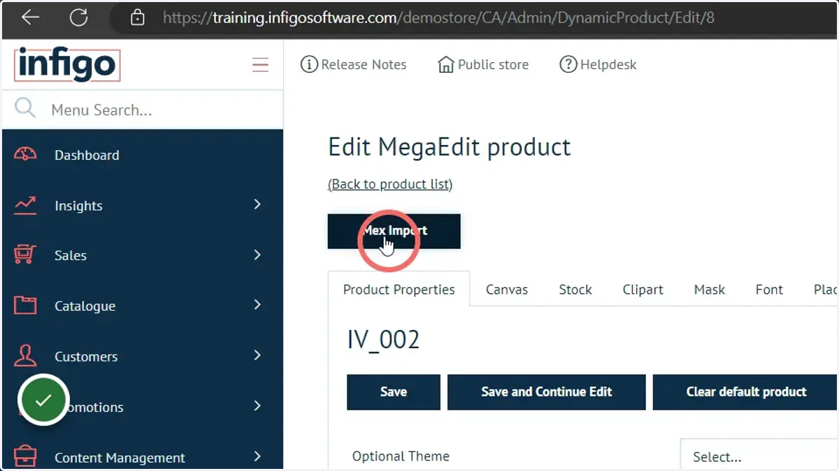 Navigate to your product's MegaEdit configuration settings and click MEX Import