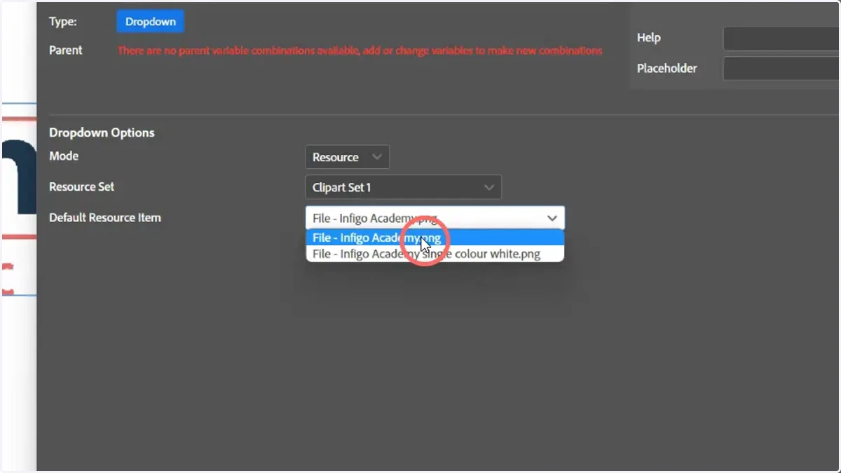 Select the default resource to use from the selected Resource set
