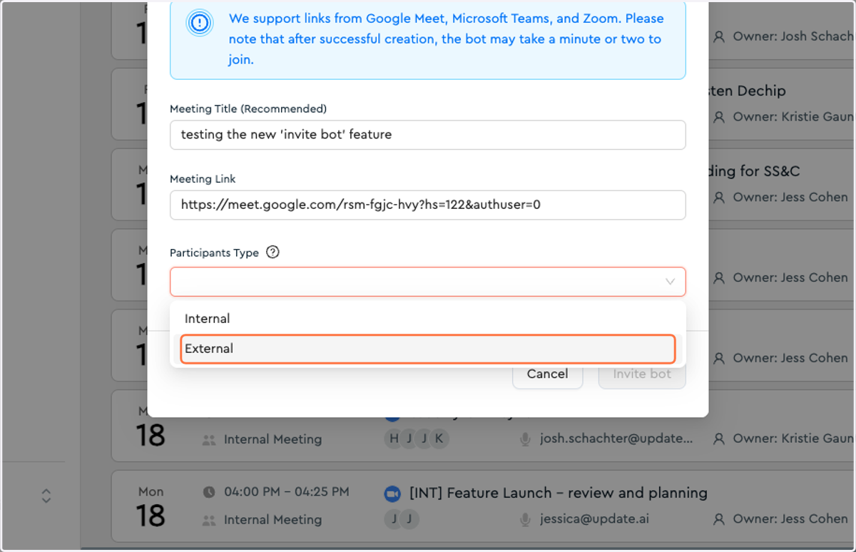 Choose the participants type (this should align with the UpdateAI definitions of internal and external meetings).
