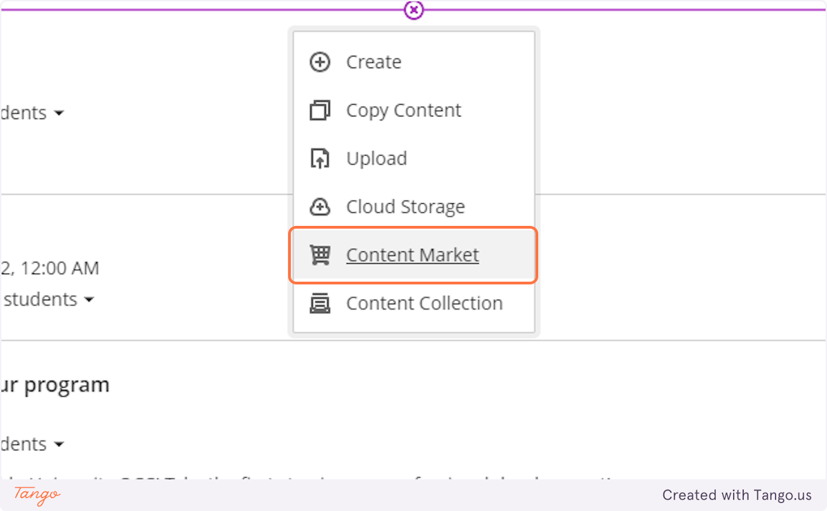 Within the Content section of your course, click the Plus button and choose 'Content Market'.