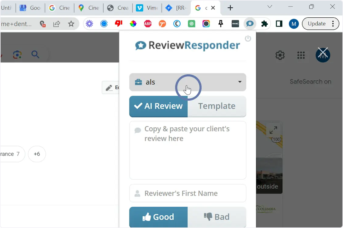 Then select the business from the dropdown of the plugin and select the way you want to generate the review (AI review or Template). Note, that templated response will not have the custom details from the review, but it will have the name of the reviewer. 