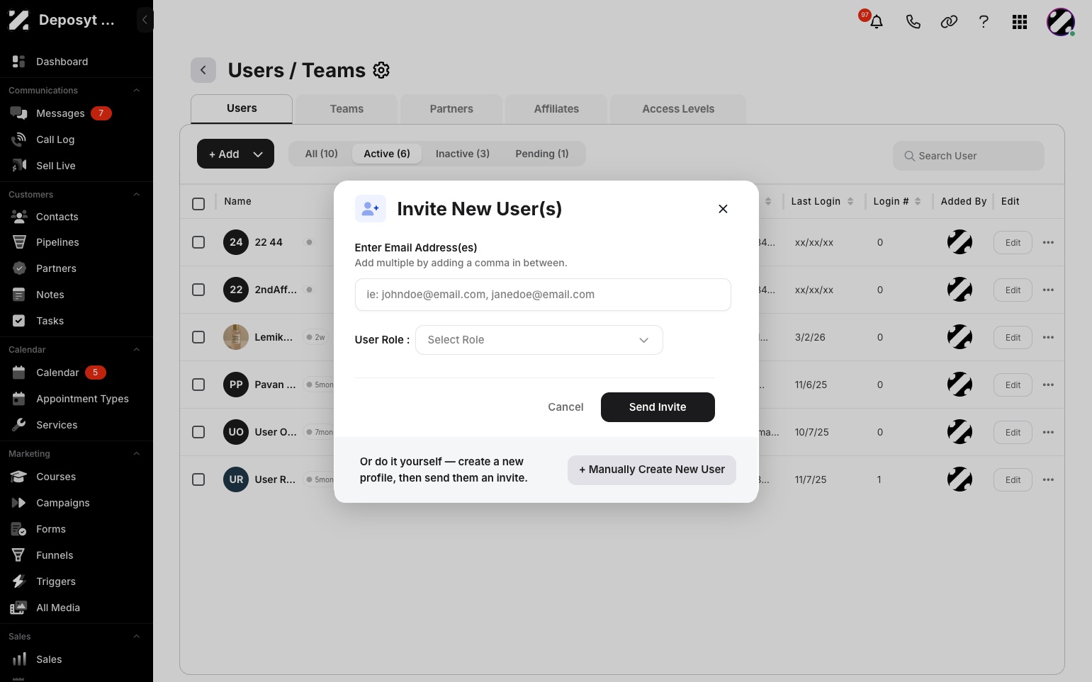 Step 5: A pop-up will appear. Click the + Manually Create a New User button.