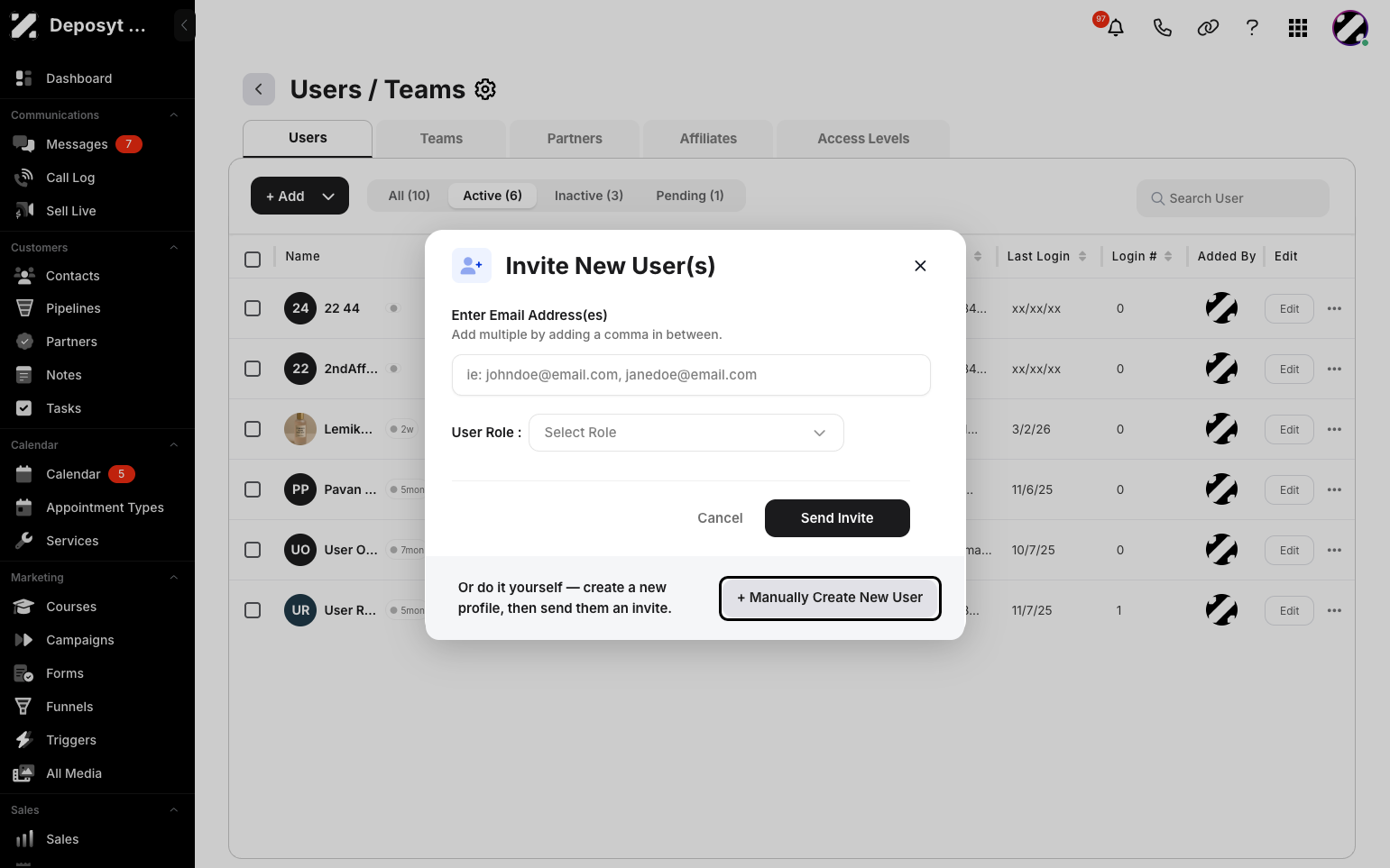 Step 5: A pop-up will appear. Click the + Manually Create a New User button.