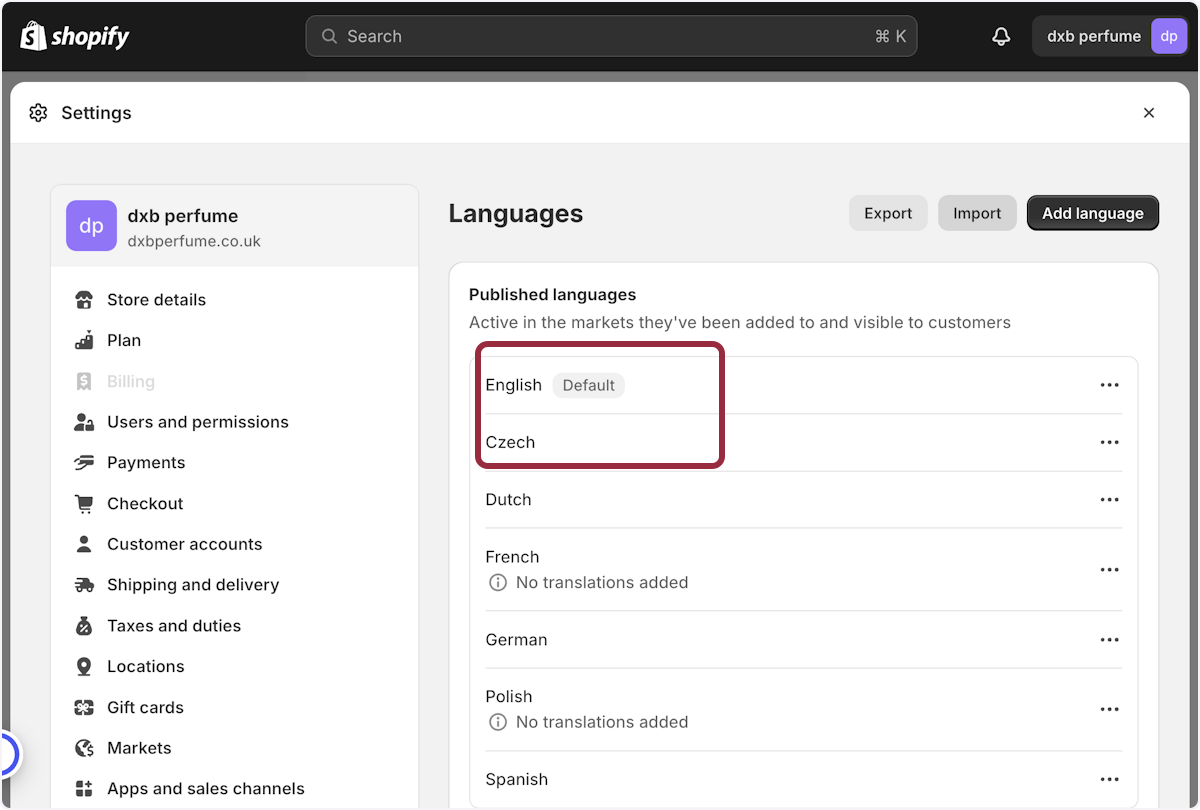Go back to Shopify > Settings > Languages > Click on Import