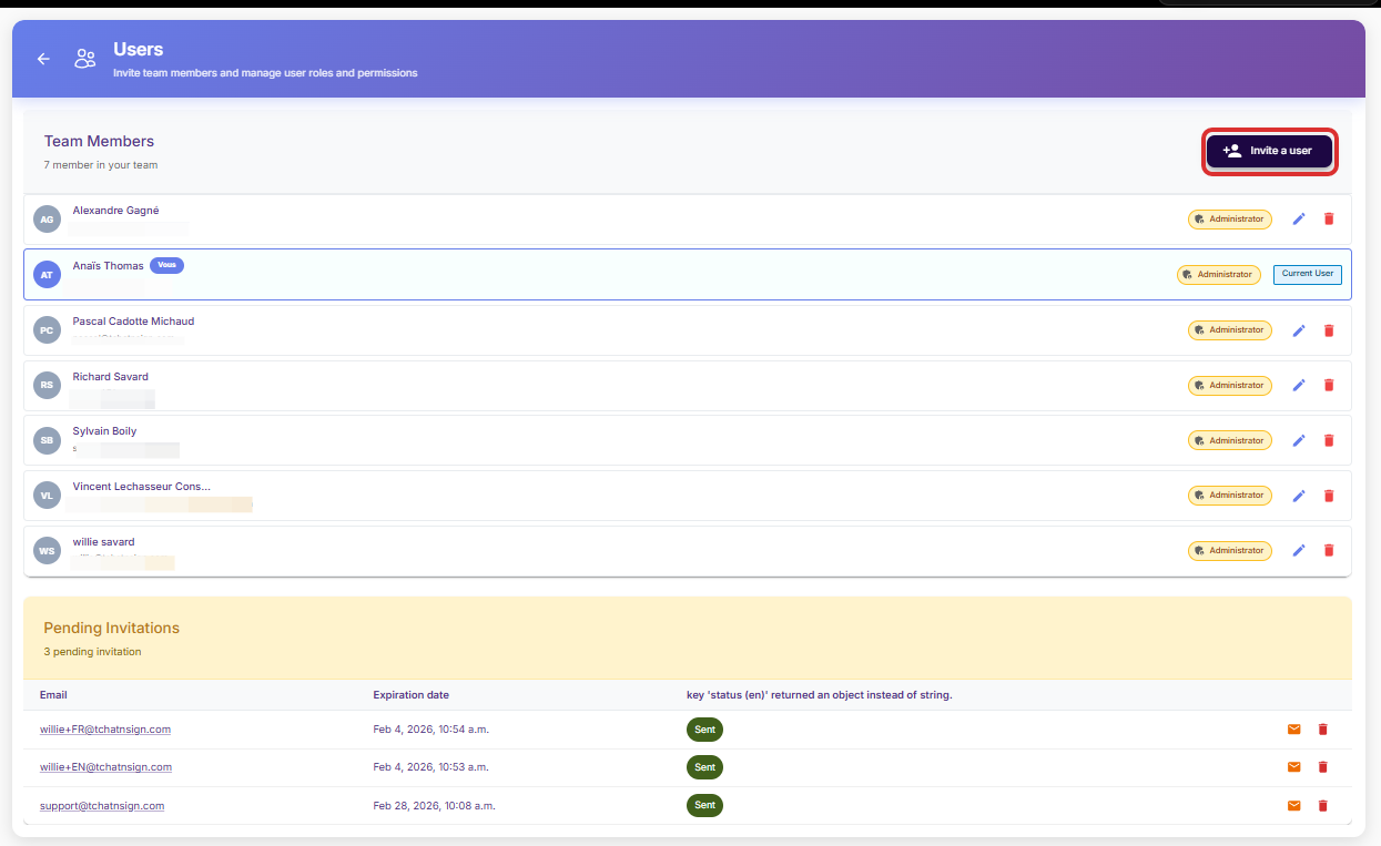 Click on Invite a user