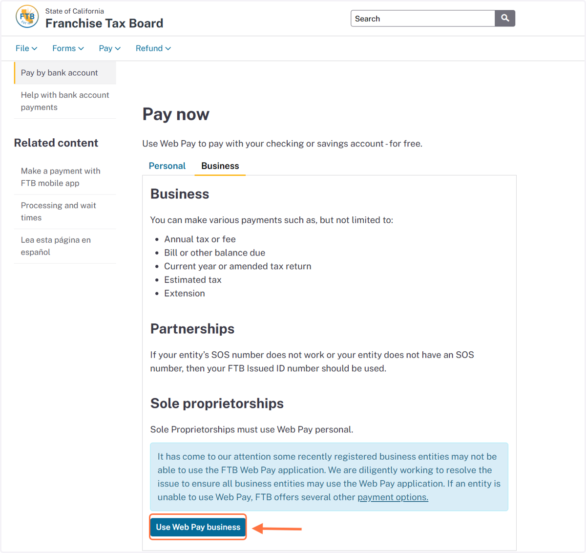 Click on Use Web Pay Business