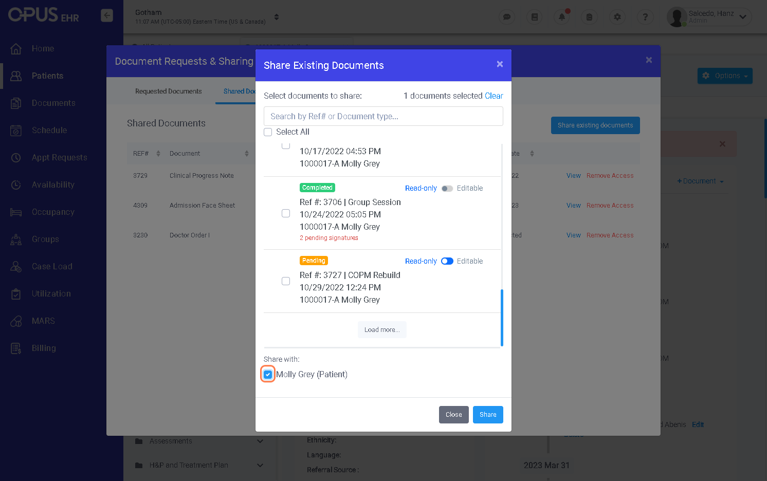 Click the patient/contact that you want to share the document