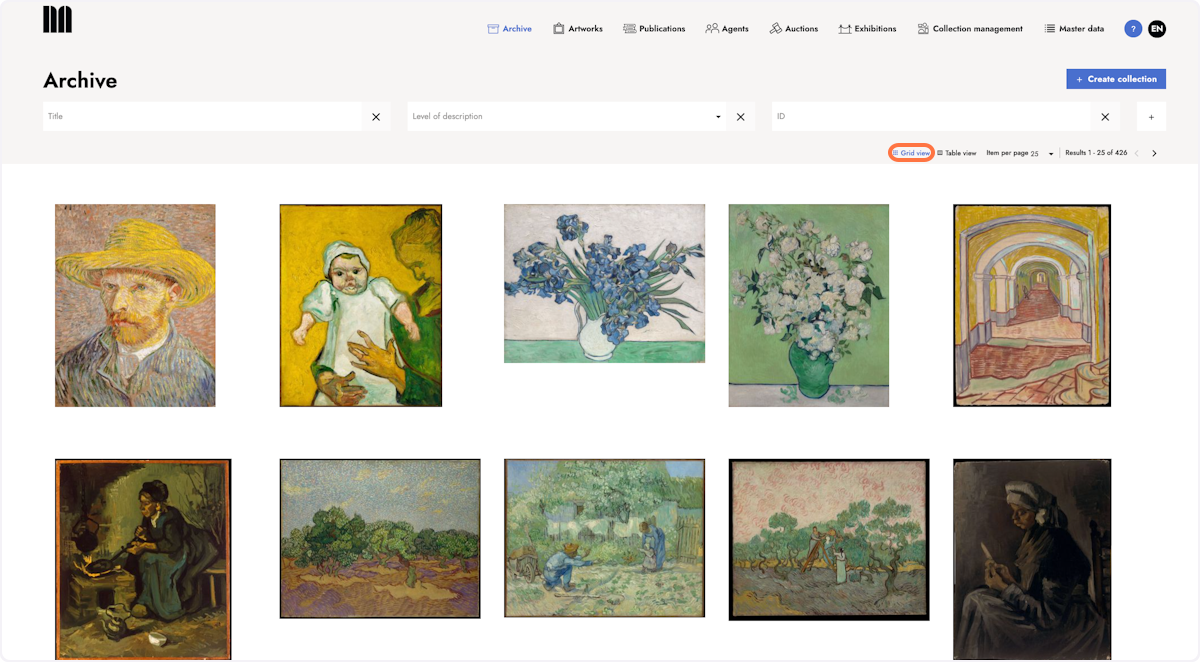 In the grid view, the thumbnails of the artworks are arranged rows and columns.
