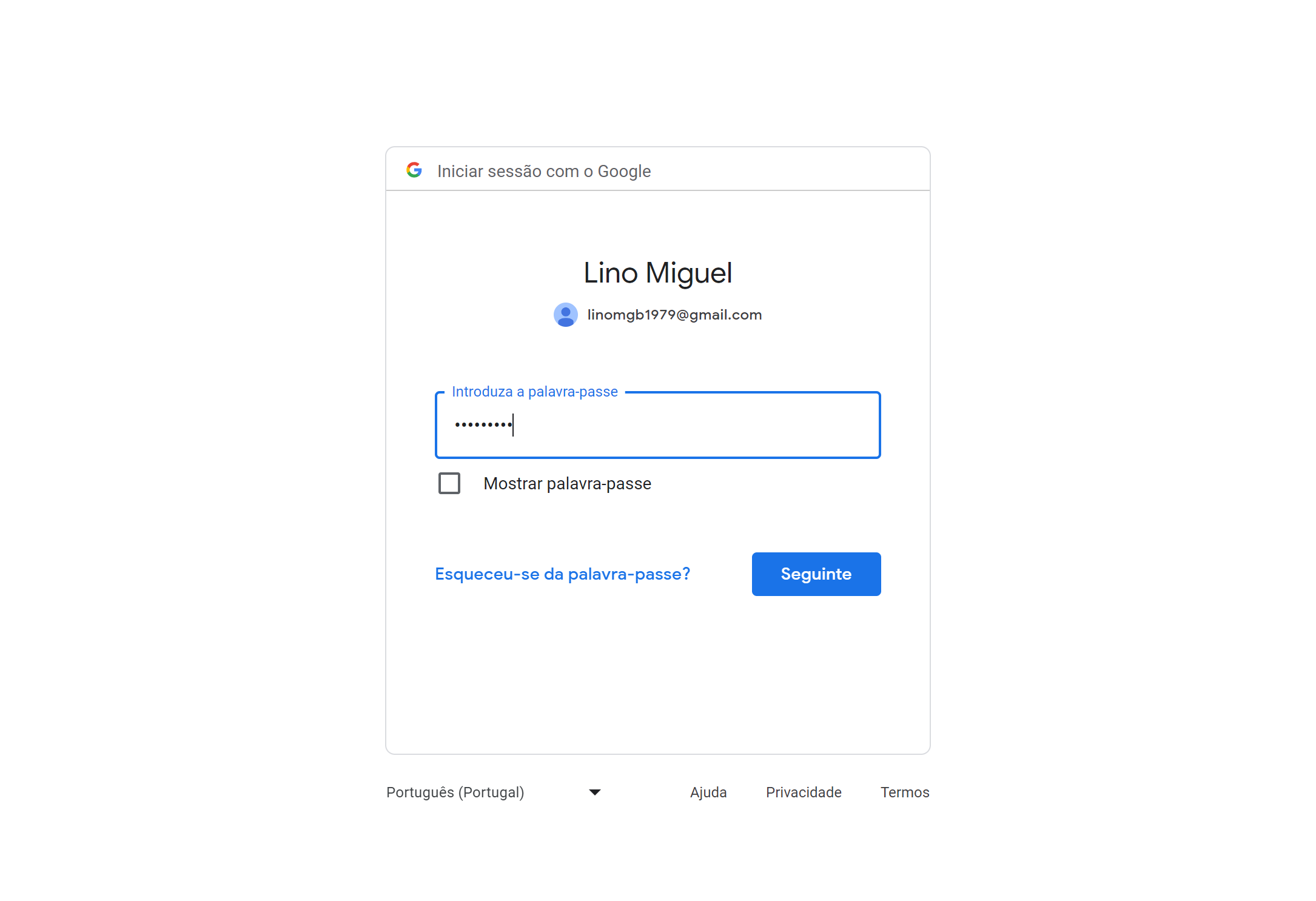 Insere a tua Password