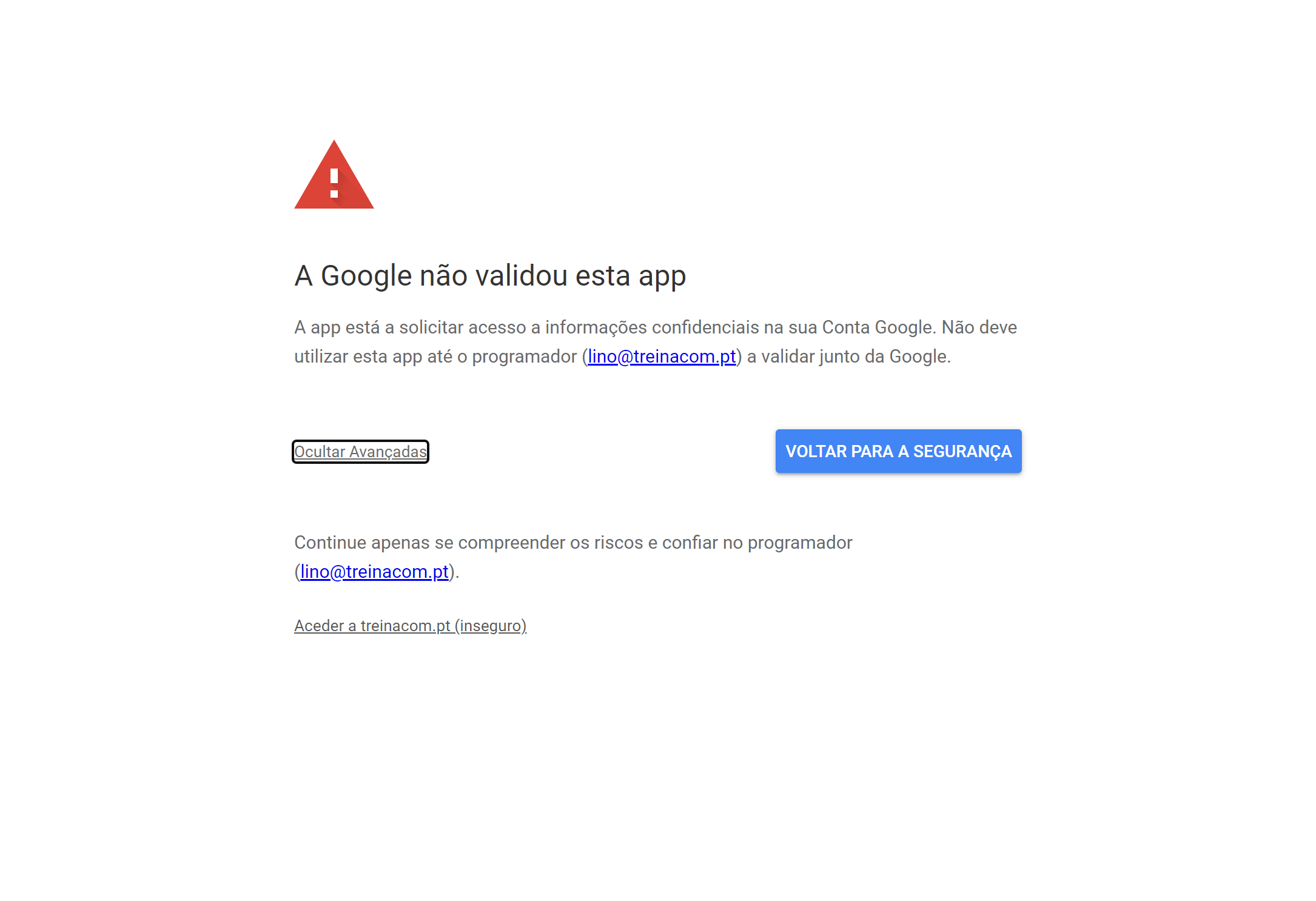 Clica em "Aceder a treinacom.pt (inseguro)" Nota: O acesso ao website é totalmente seguro