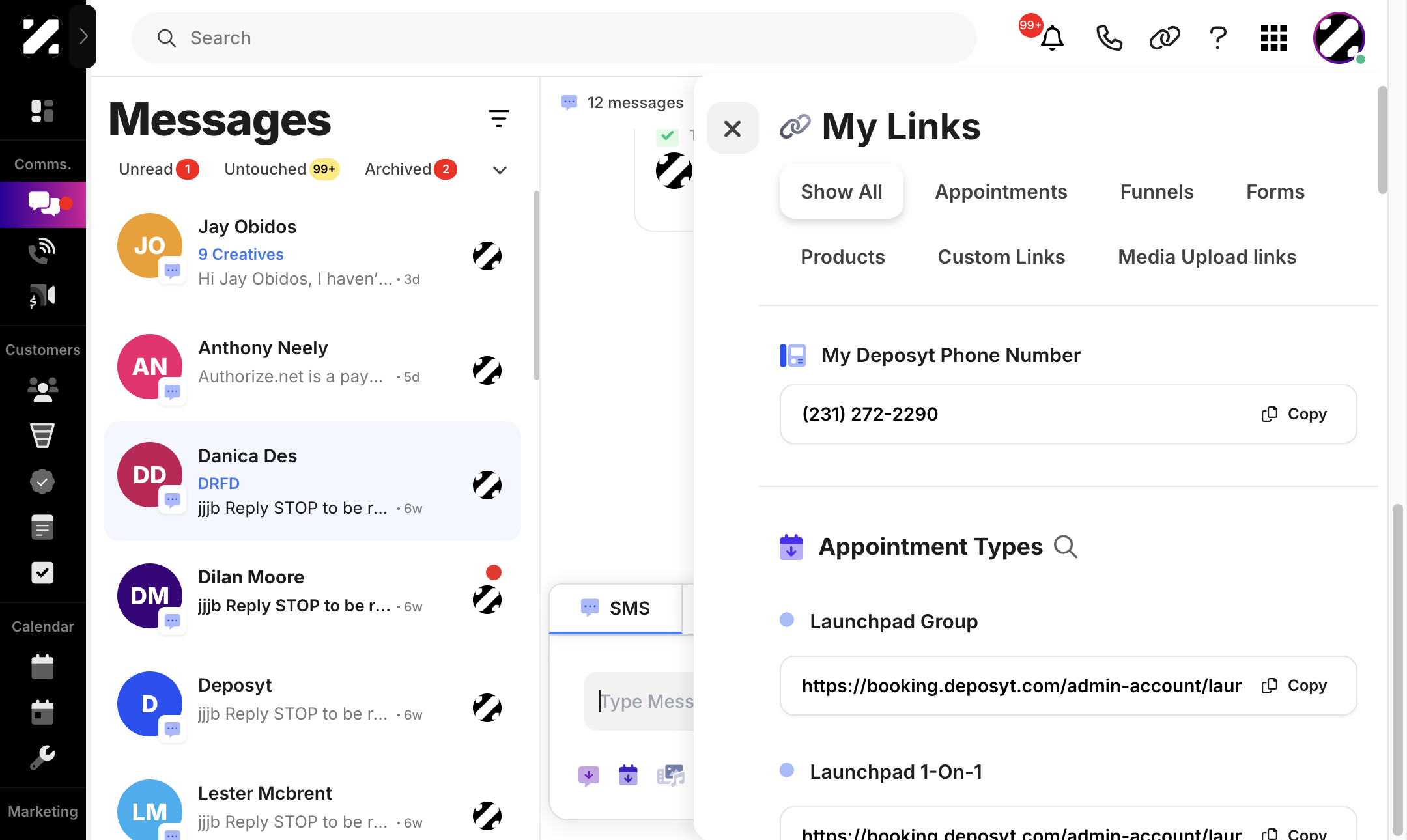 It will now show the links you can copy. These include the account Phone number, links to Appointment Types, Funnels, Forms, Products, Custom Links, and the Media Upload link.