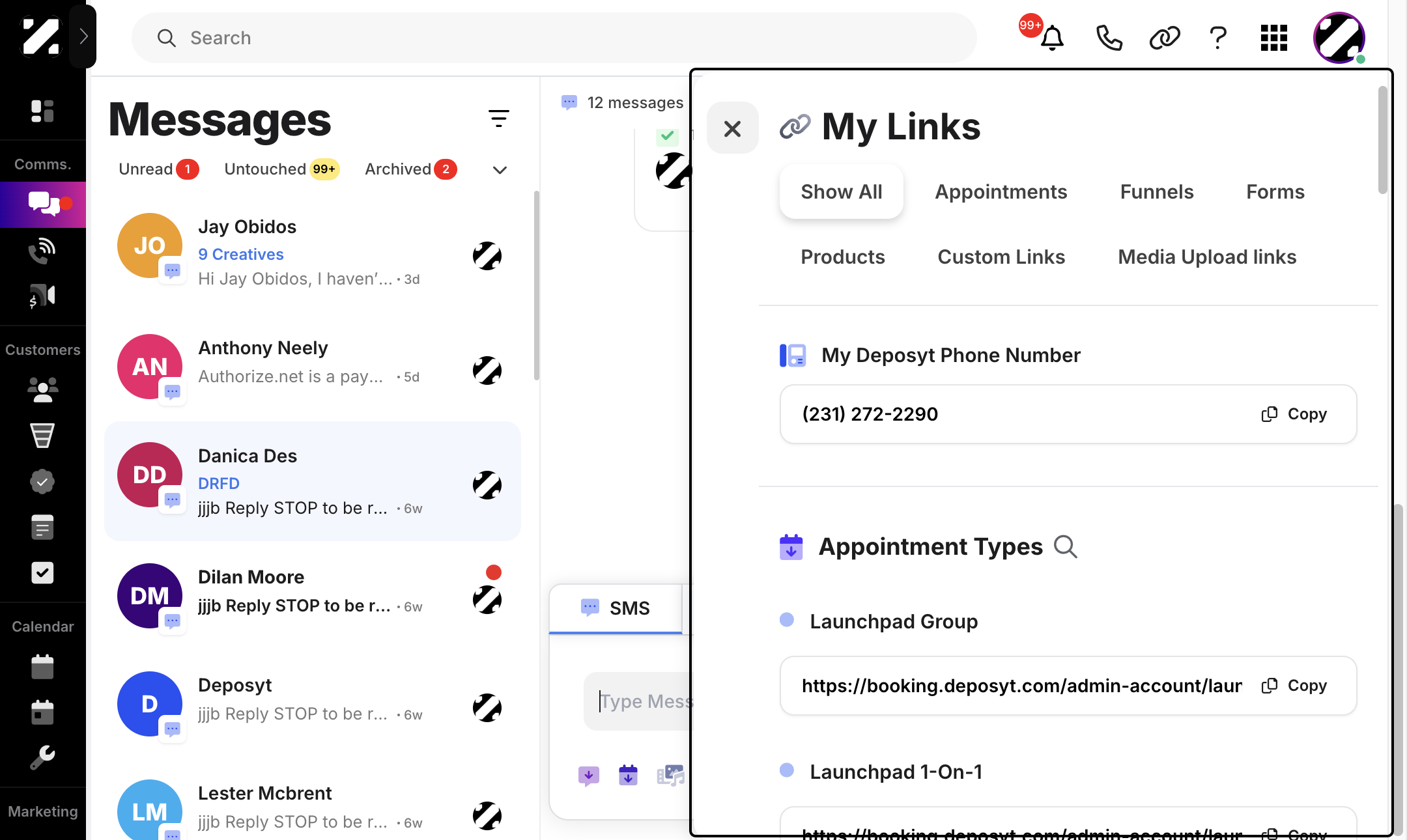 It will now show the links you can copy. These include the account Phone number, links to Appointment Types, Funnels, Forms, Products, Custom Links, and the Media Upload link.