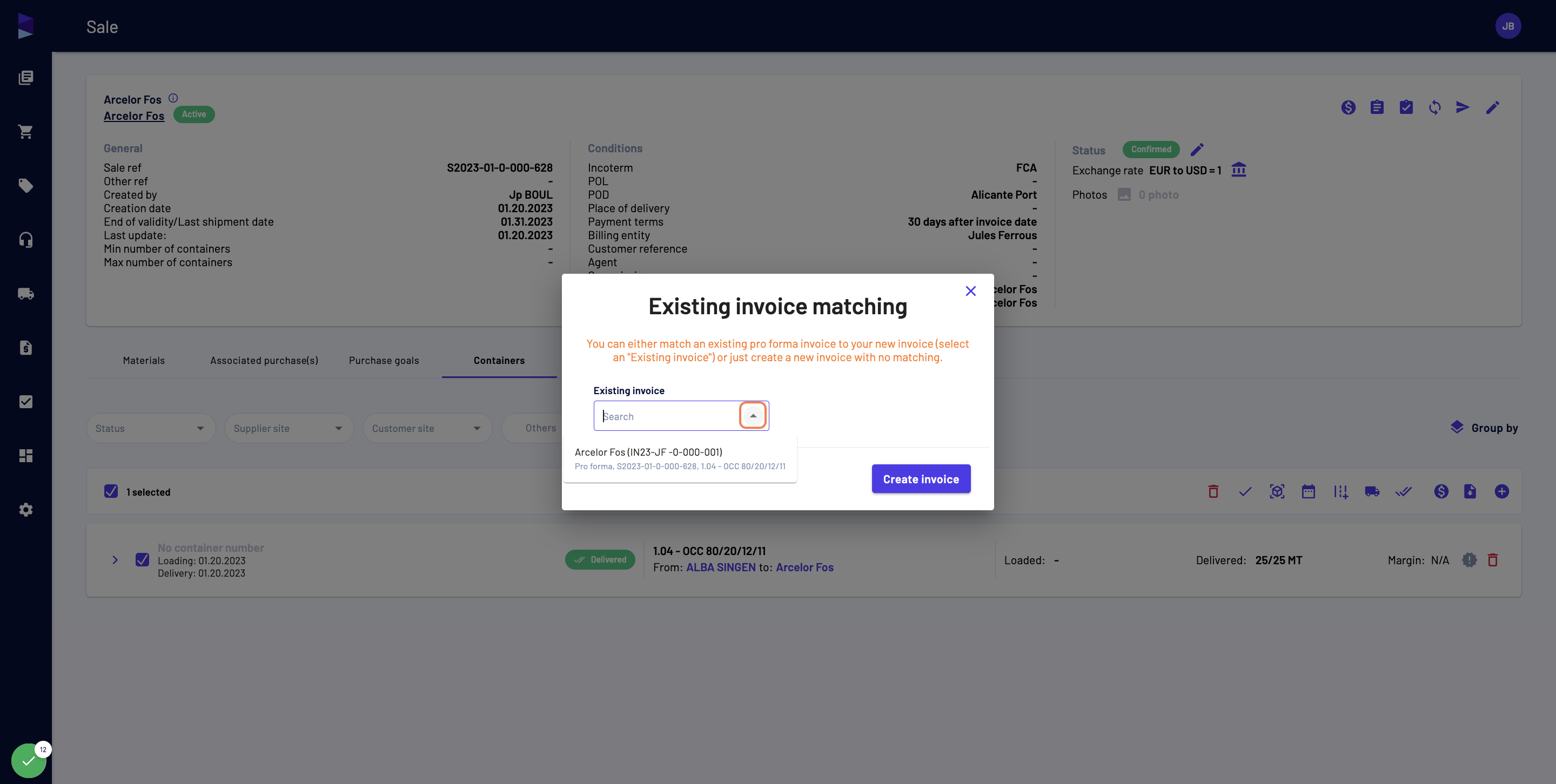 If there is already an existing invoice attached (ex: a pro forma invoice) you can select it. Hence you can discard it and click on "Create invoice"