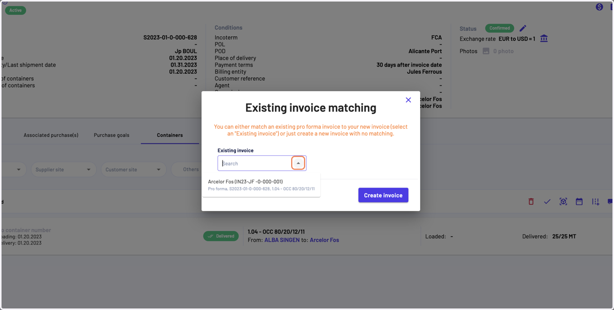If there is already an existing invoice attached (ex: a pro forma invoice) you can select it. Hence you can discard it and click on "Create invoice"