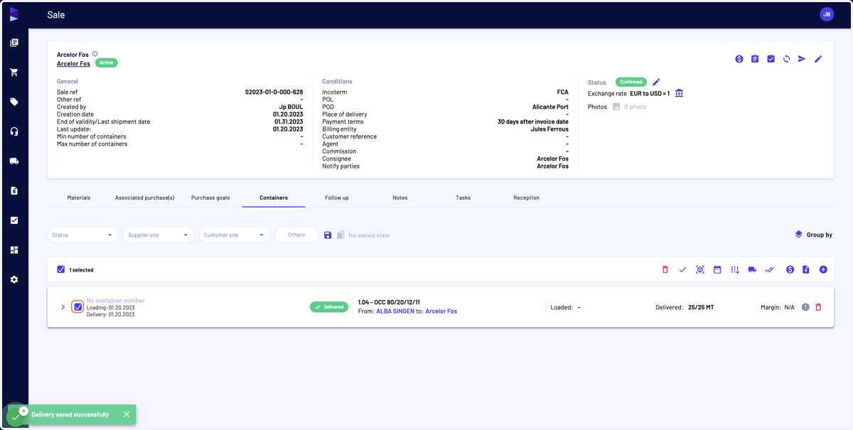 After having done this, select the containers for which you want to generate an invoice