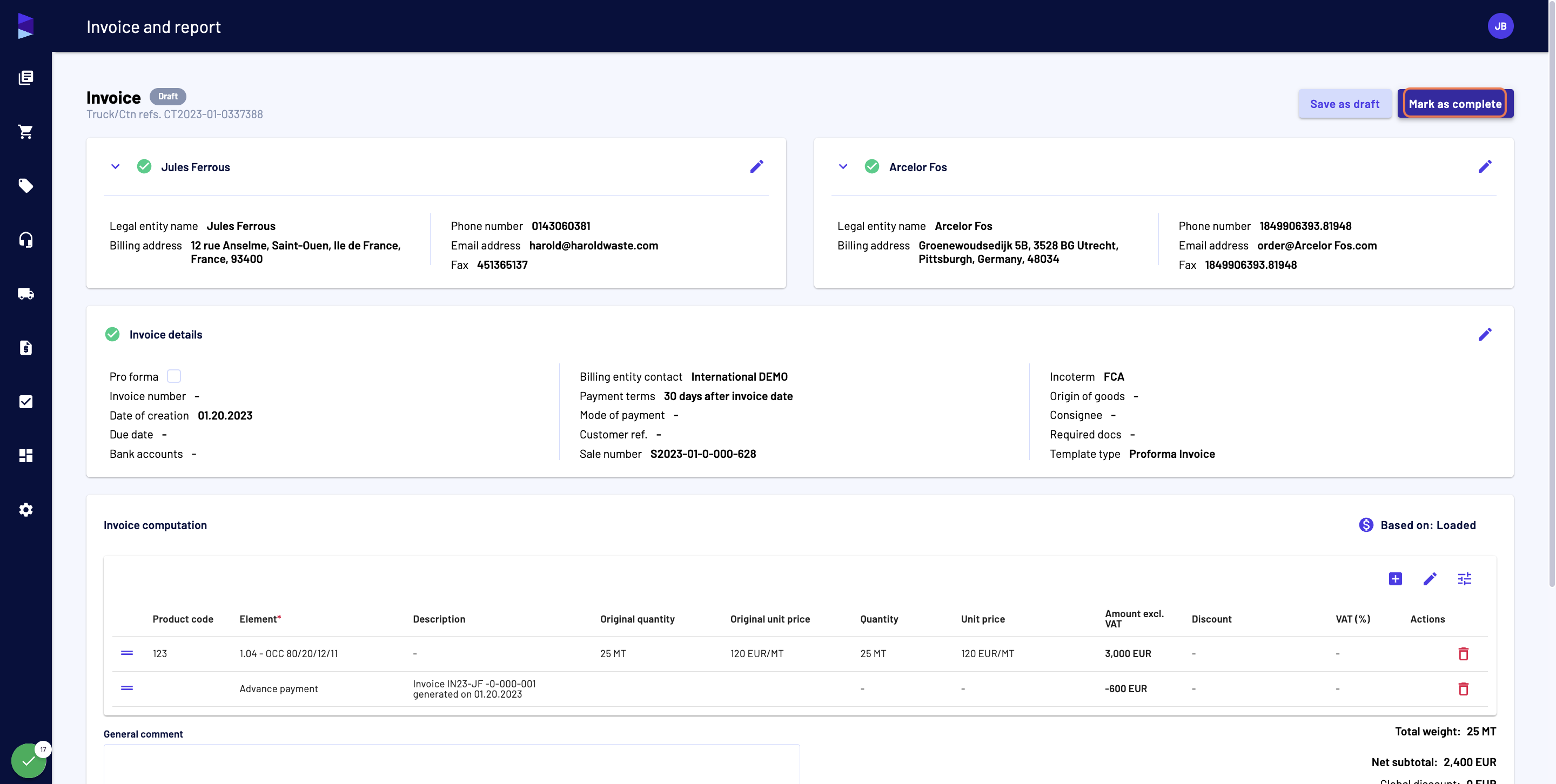 Once your invoice is ready, click on "Mark as complete" (or "Save as draft" if you want to make further changes)
