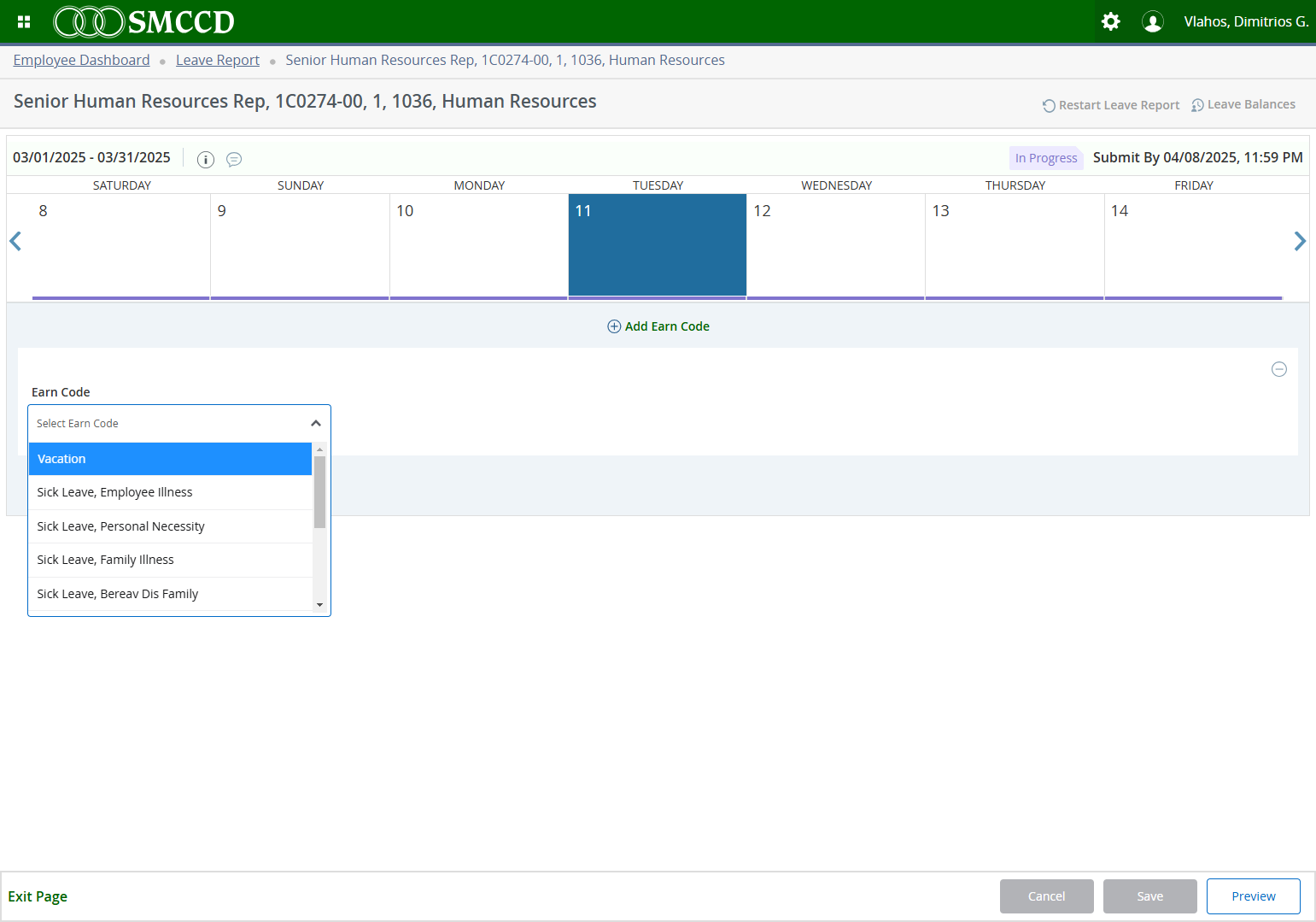 Select the Leave Type from the Earn Codes
