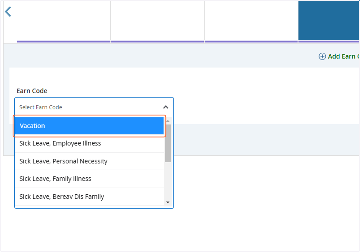 Select the Leave Type from the Earn Codes