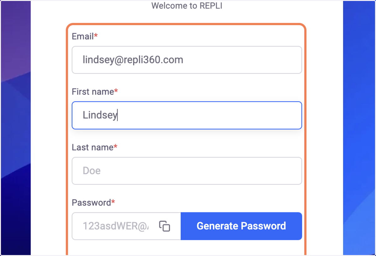 Type in your First and Last name and desired password