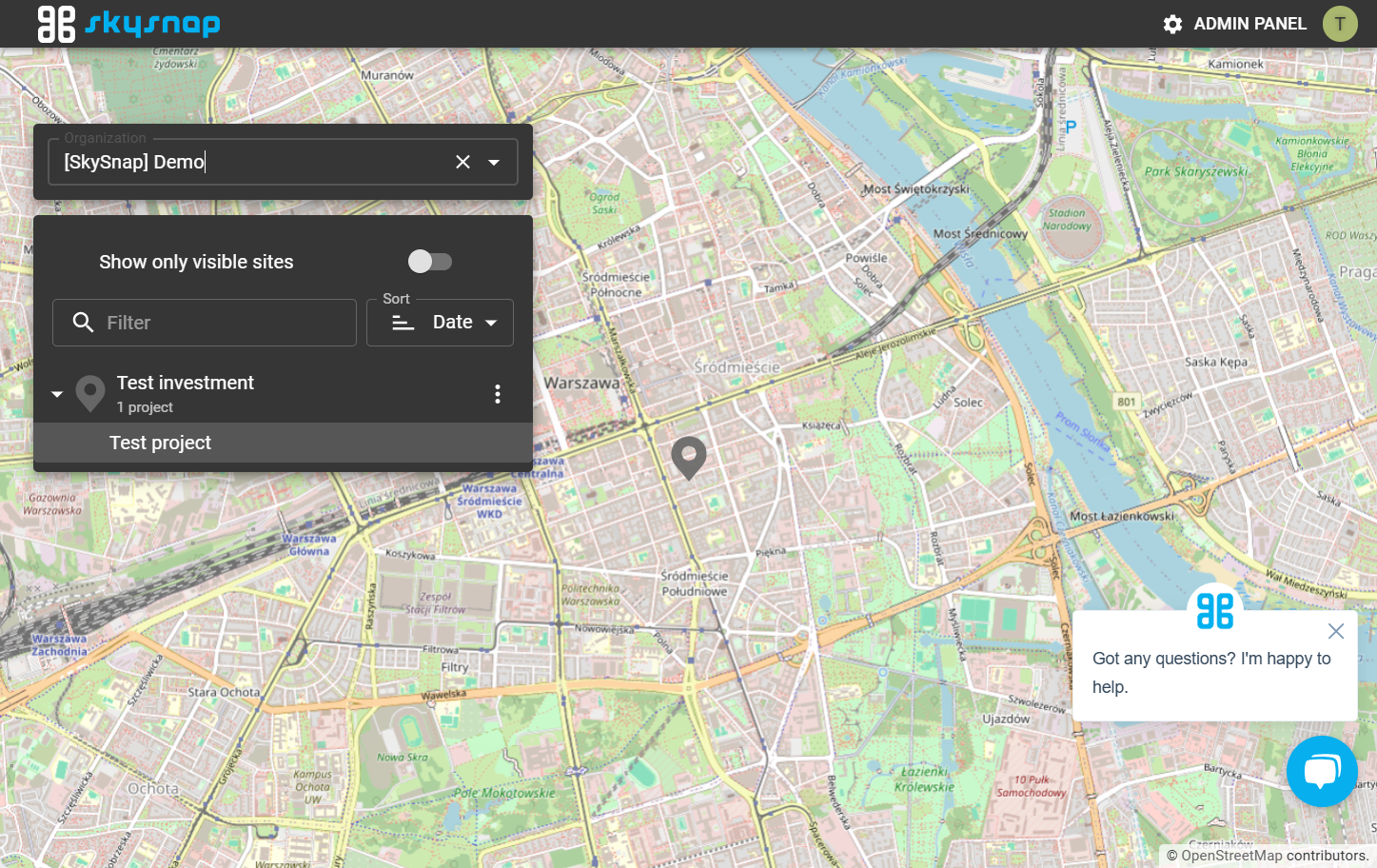 After selecting the site (location), move on to the first previously created project.