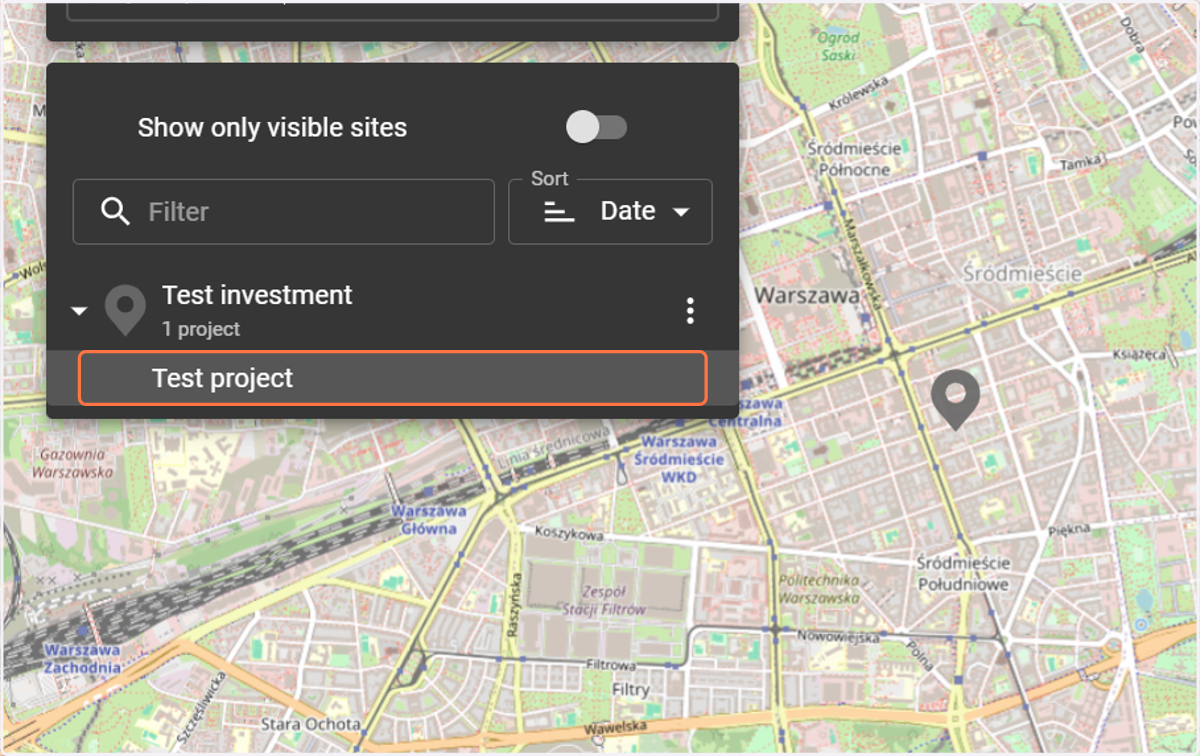 After selecting the site (location), move on to the first previously created project.
