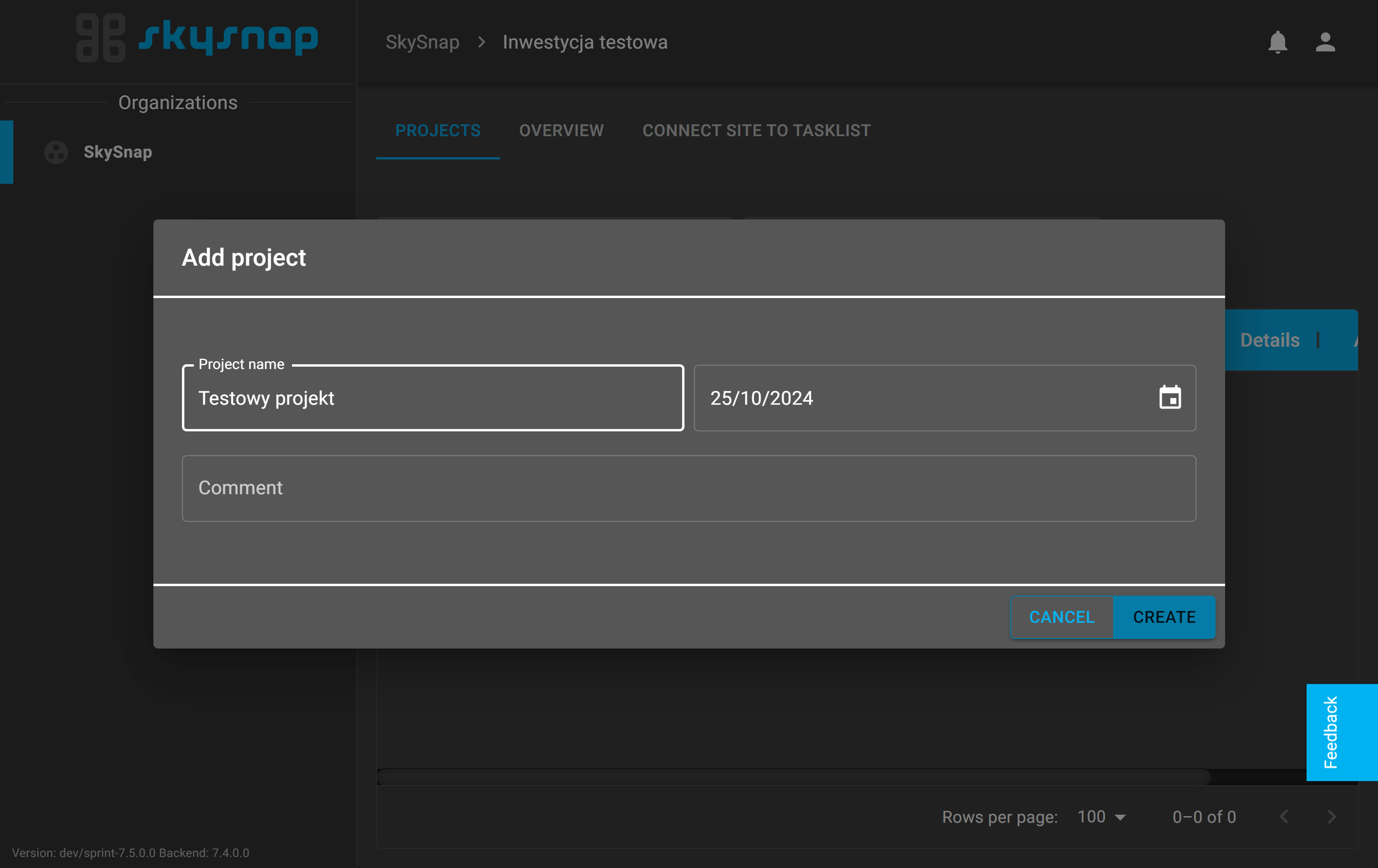 Select the "Create" button to confirm the project creation.