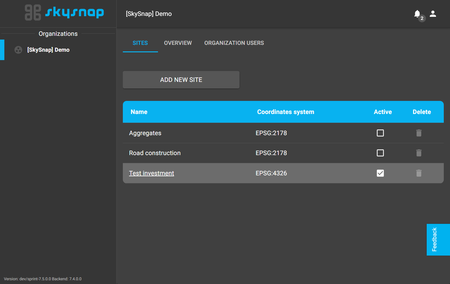 Once the site (location) is created, it appears on the list.
