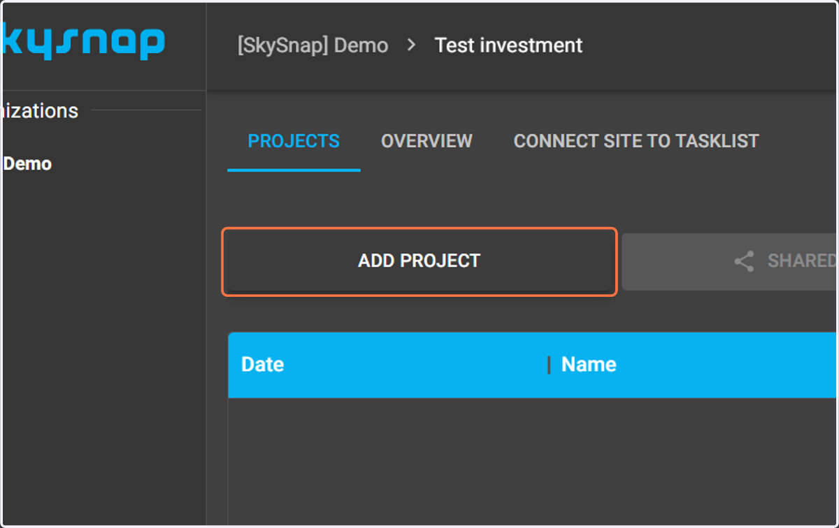 Then select the "ADD PROJECT" button.