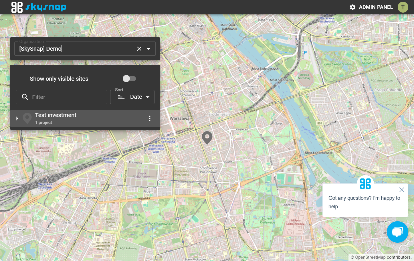 After selecting an organization, a list of your sites (locations) is displayed.