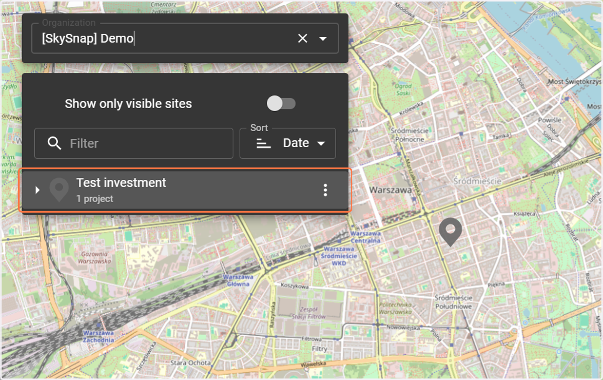 After selecting an organization, a list of your sites (locations) is displayed.
