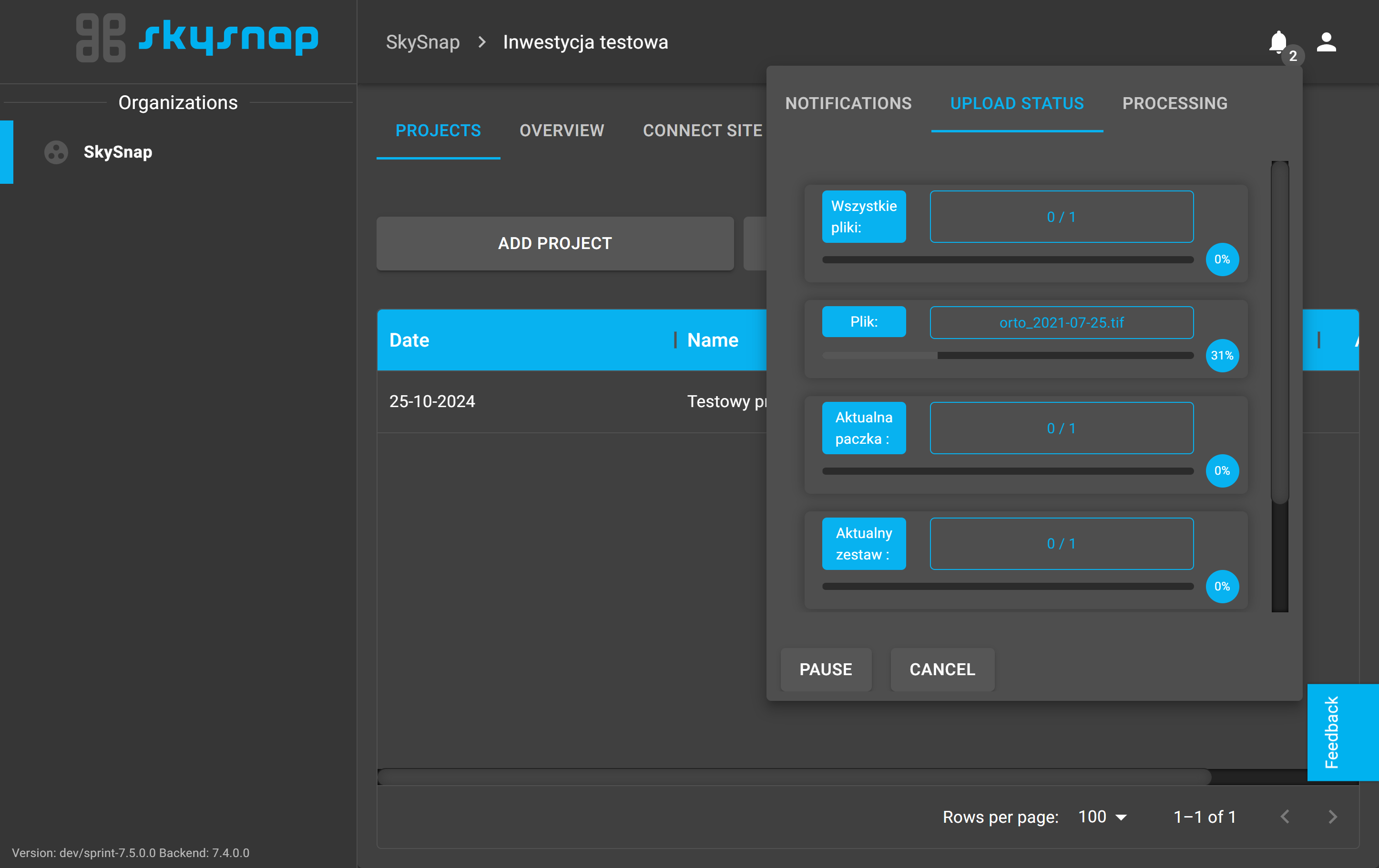 In this view you can see the progress of data uploading.