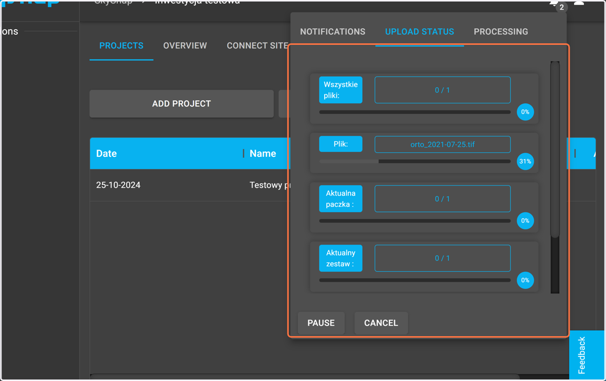 In this view you can see the progress of data uploading.