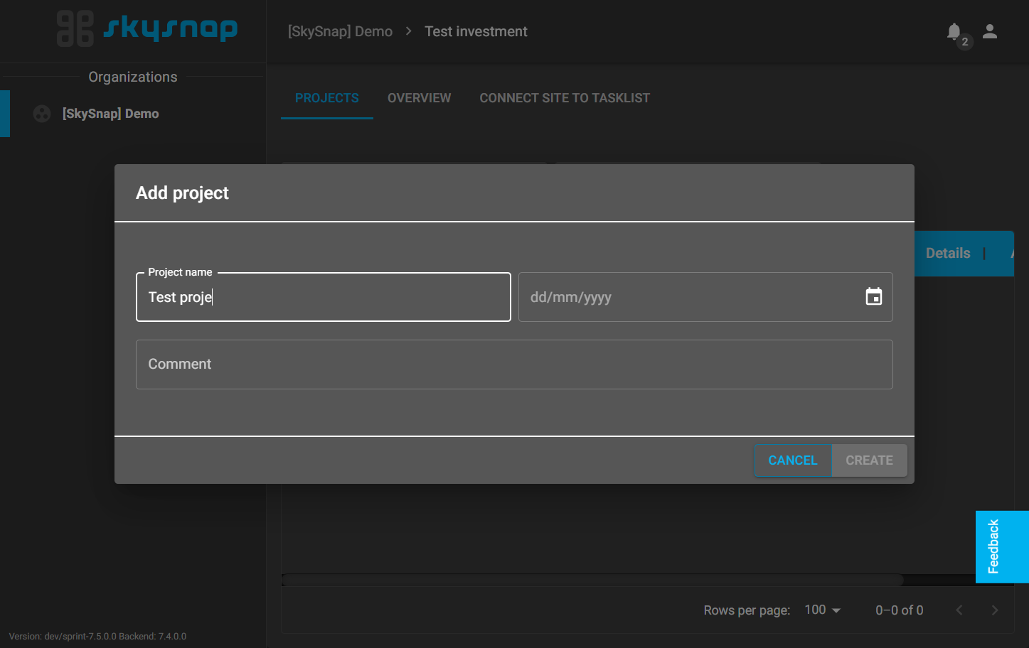 Enter name (minimum 4 characters) and pick project date (this can be, for example, the day of collecting drone data).