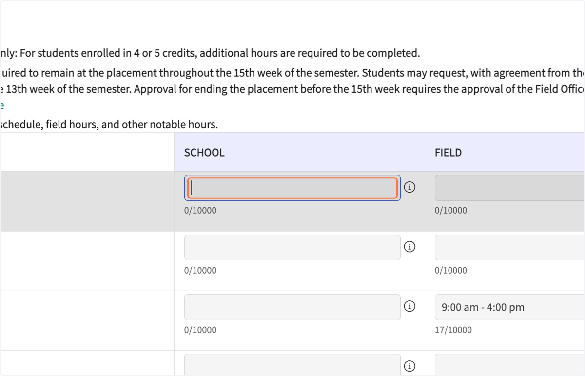Fill in your school and field schedule.