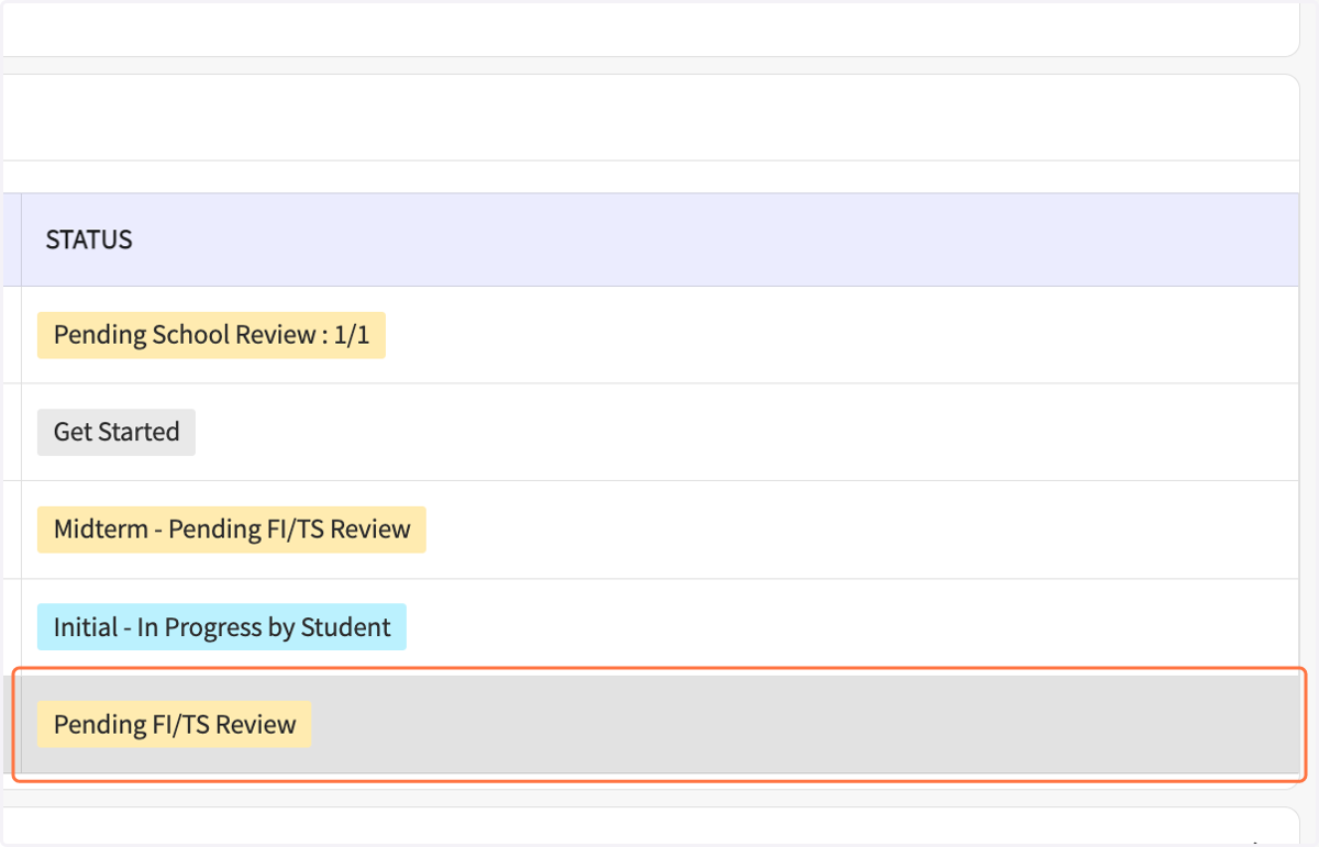 The Field Coursework Form list should show the Supervision Agreement as "Pending FI/TS Review."