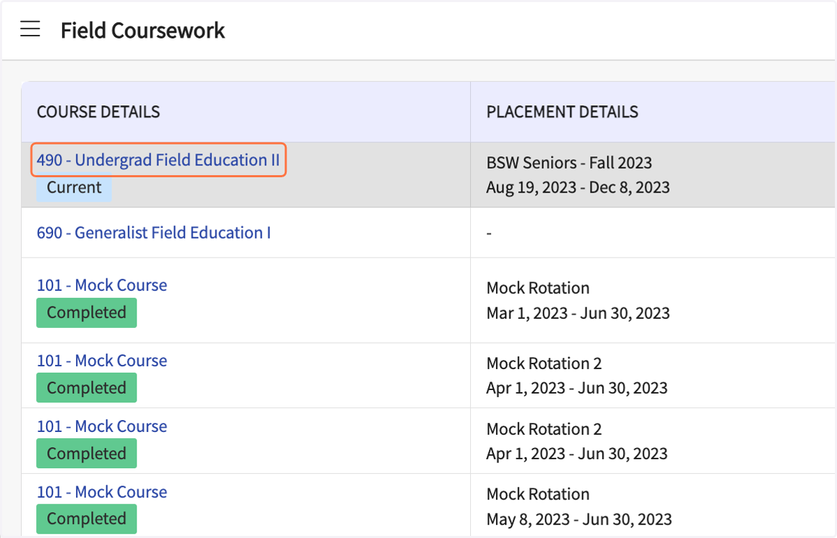 Click on your Field Education II