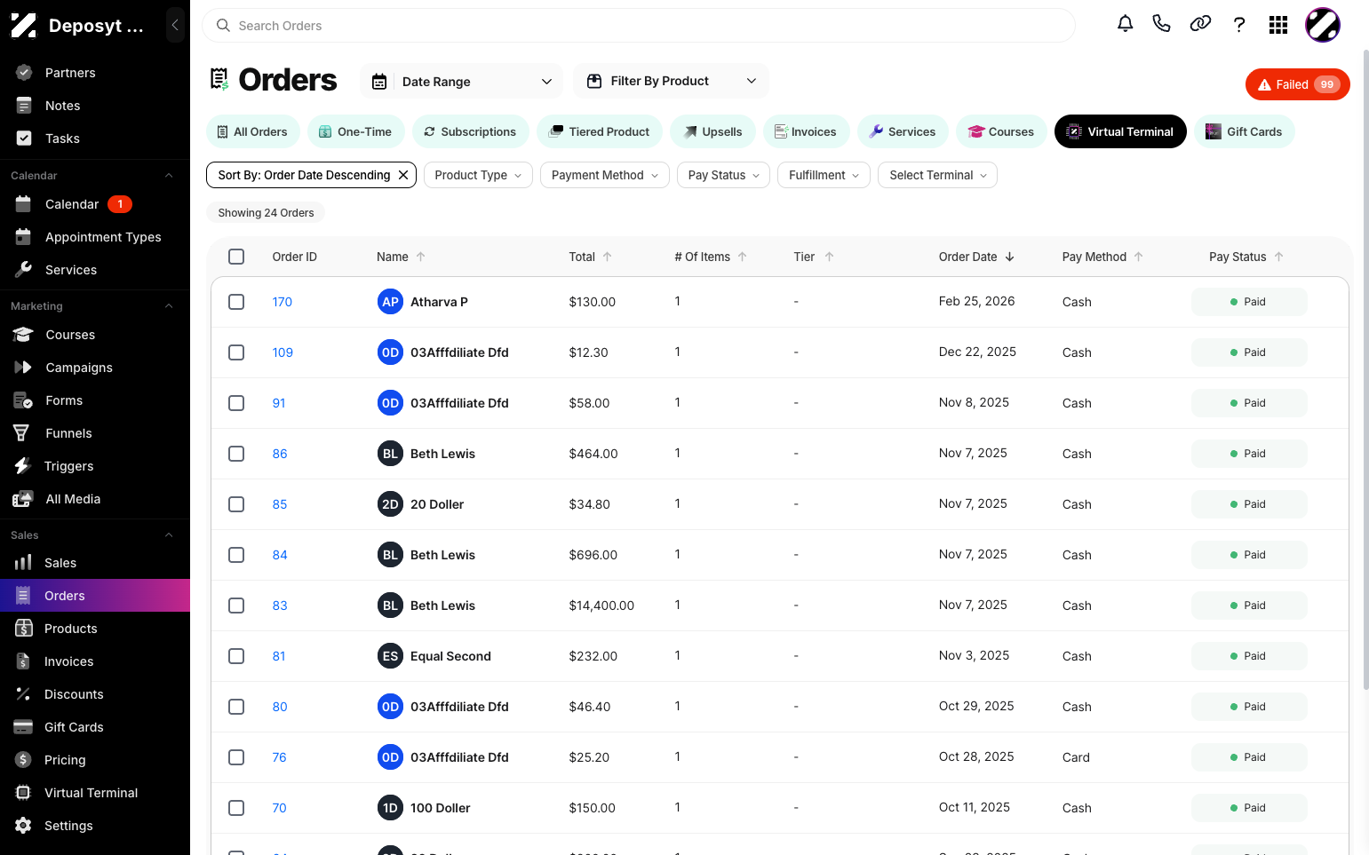 Step 3: By default, the All Orders tab is displayed. Click the Virtual Terminal button to Virtual Terminal. Here, you can see Order ID, Customer Name, Total Amount, Number of Items, Order Date, Payment Method, and Pay Status.