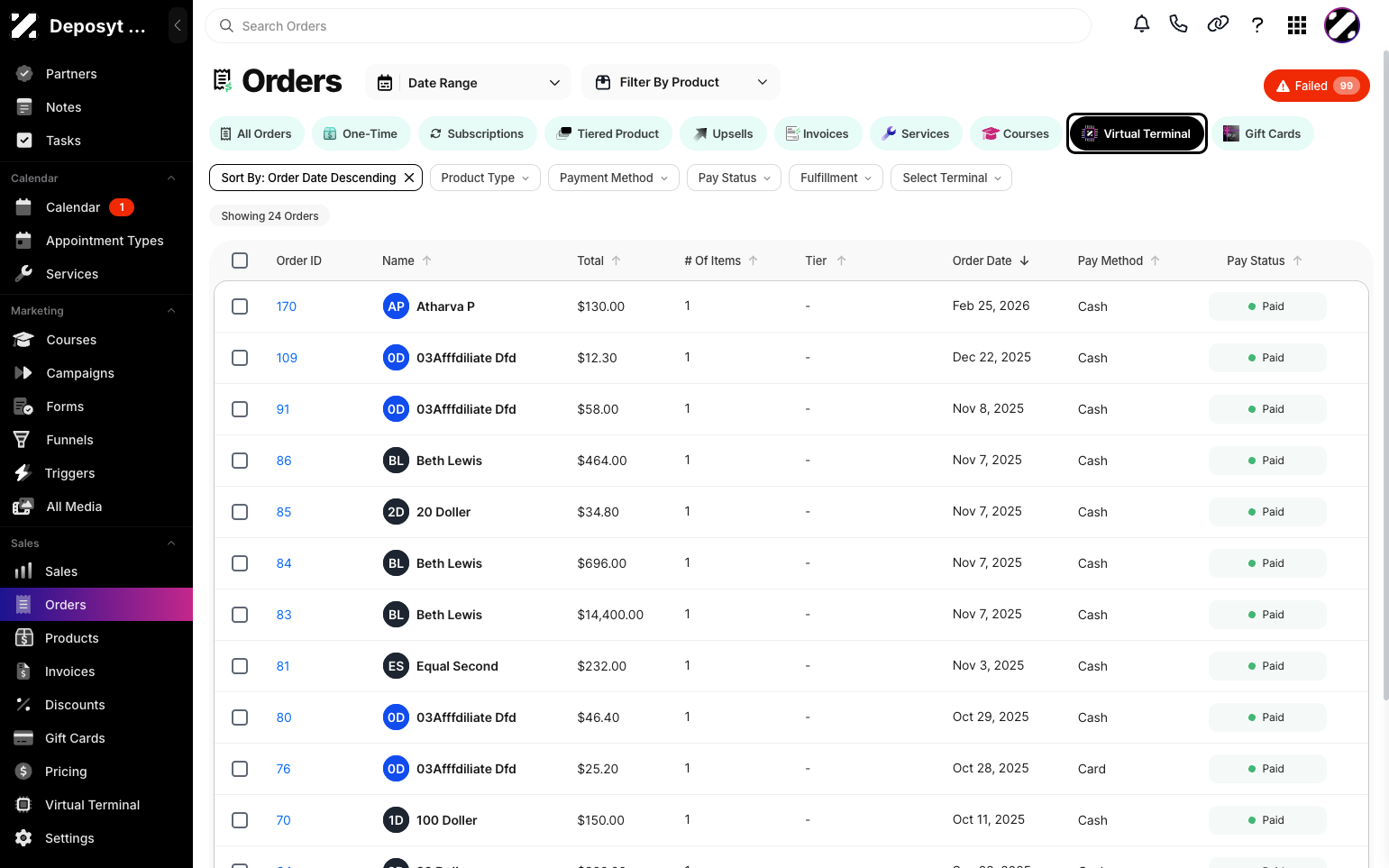Step 3: By default, the All Orders tab is displayed. Click the Virtual Terminal button to Virtual Terminal. Here, you can see Order ID, Customer Name, Total Amount, Number of Items, Order Date, Payment Method, and Pay Status.