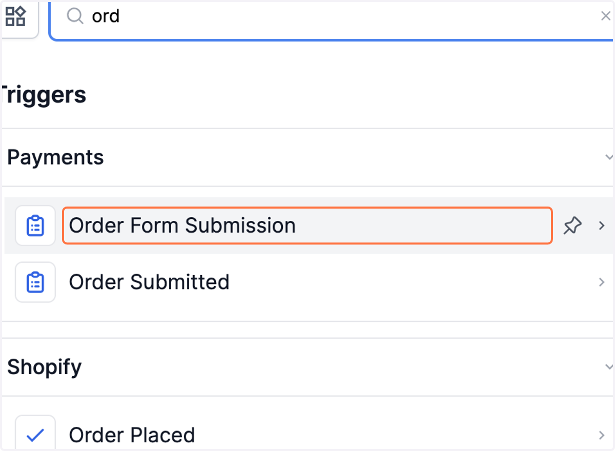 Vælg "Order Form Submission" som trigger
