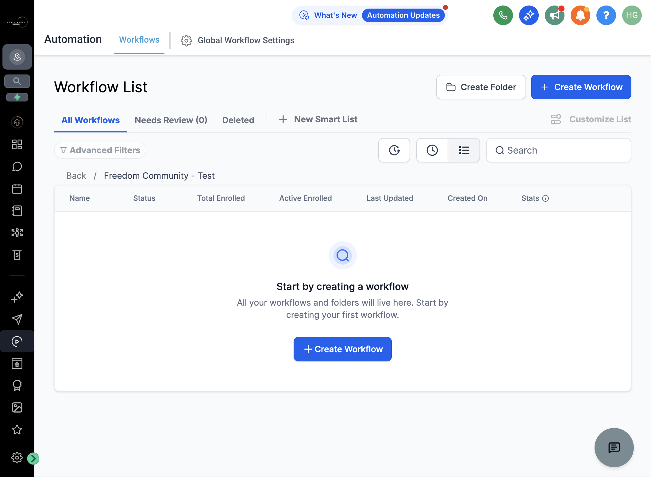 Gå til menuen "Automations" og klik på "Create Workflow"