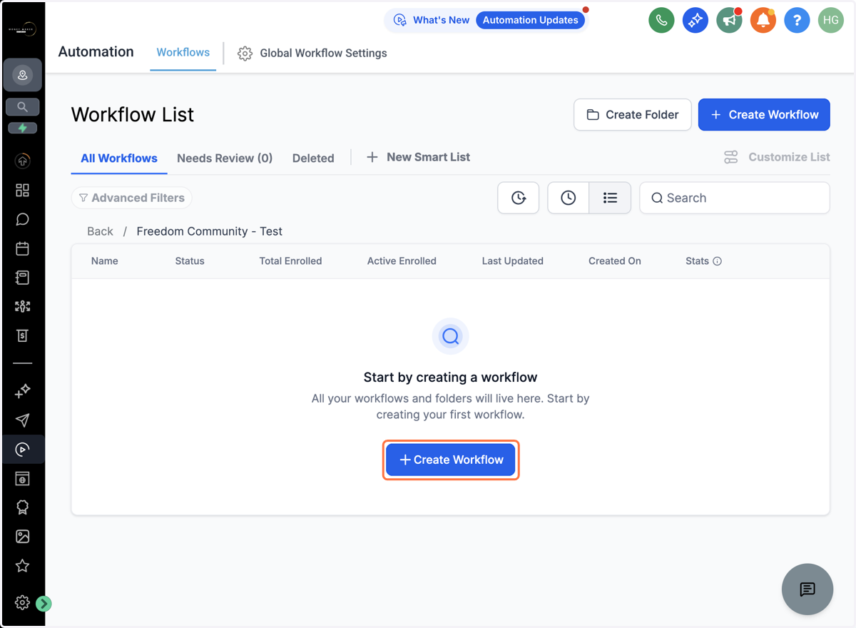 Gå til menuen "Automations" og klik på "Create Workflow"