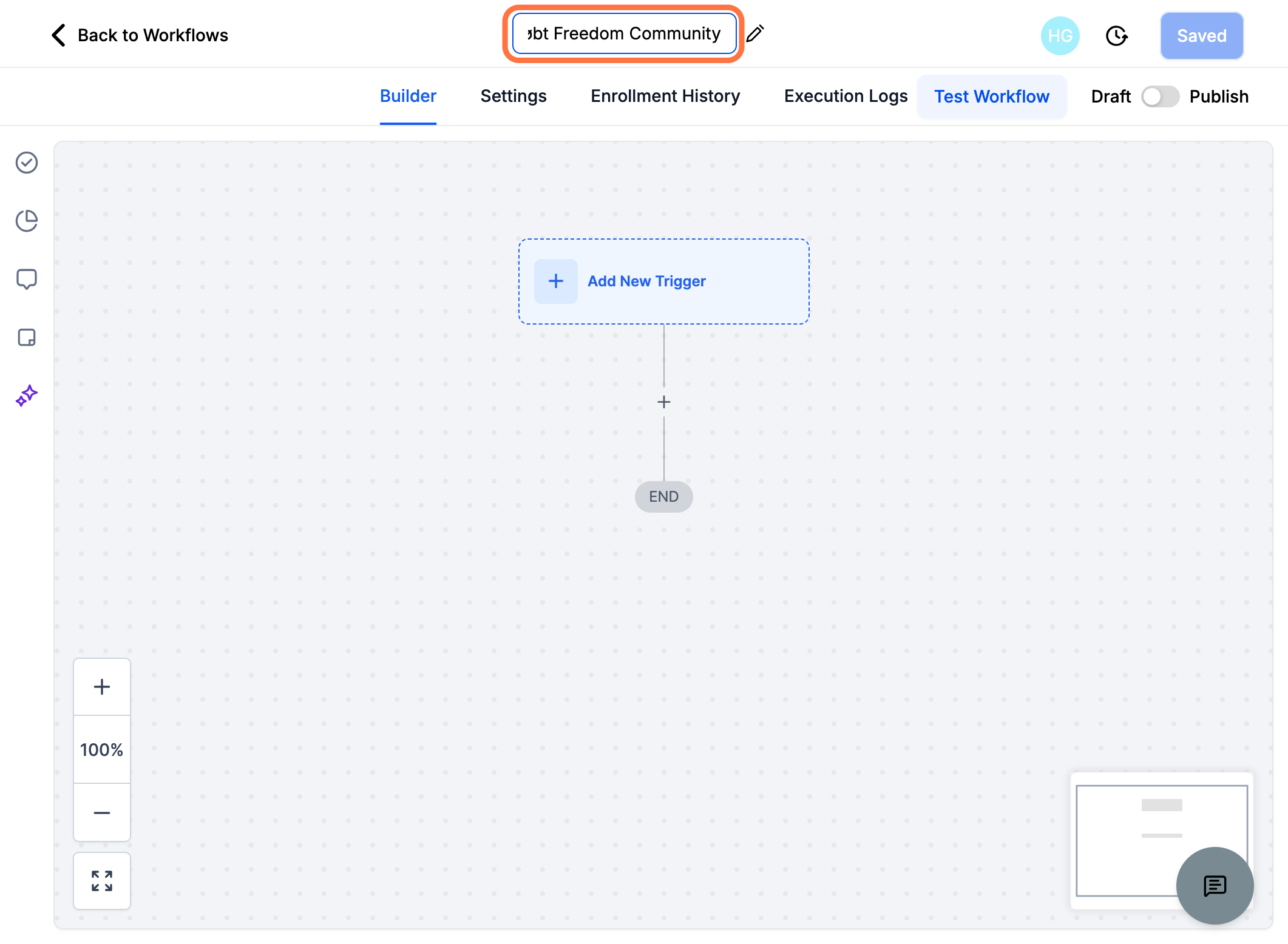 Navngiv dit workflow fx "Købt Freedom Community" og klik derefter på "Add New Trigger"