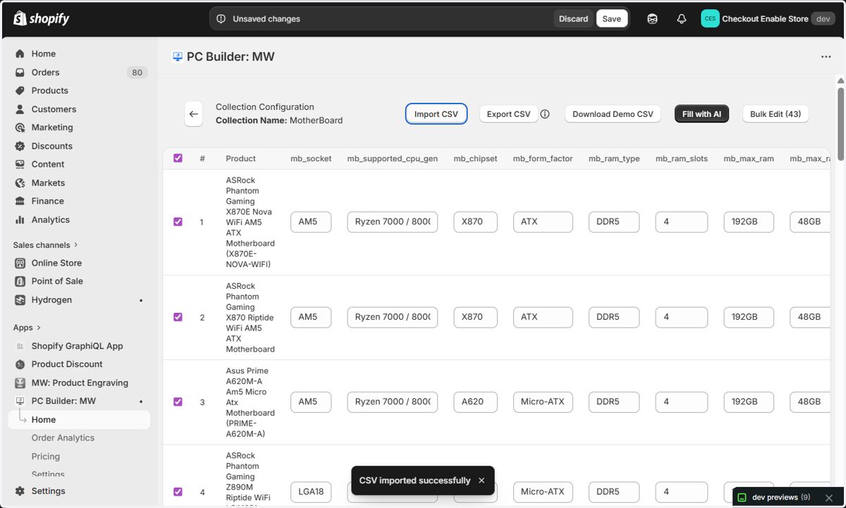 Select "MotherBoard-export-COMPLETE.csv" from file upload menu