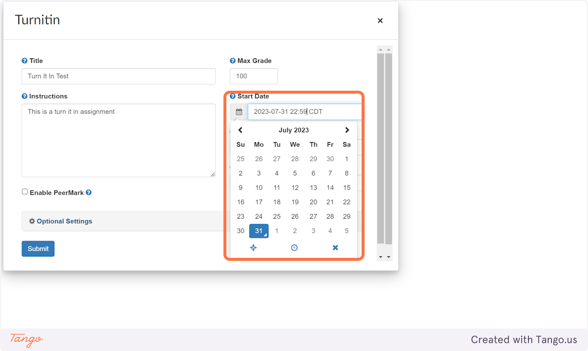 Use the date and time pickers to set your Start Date, Due Date, and Feedback release date. 