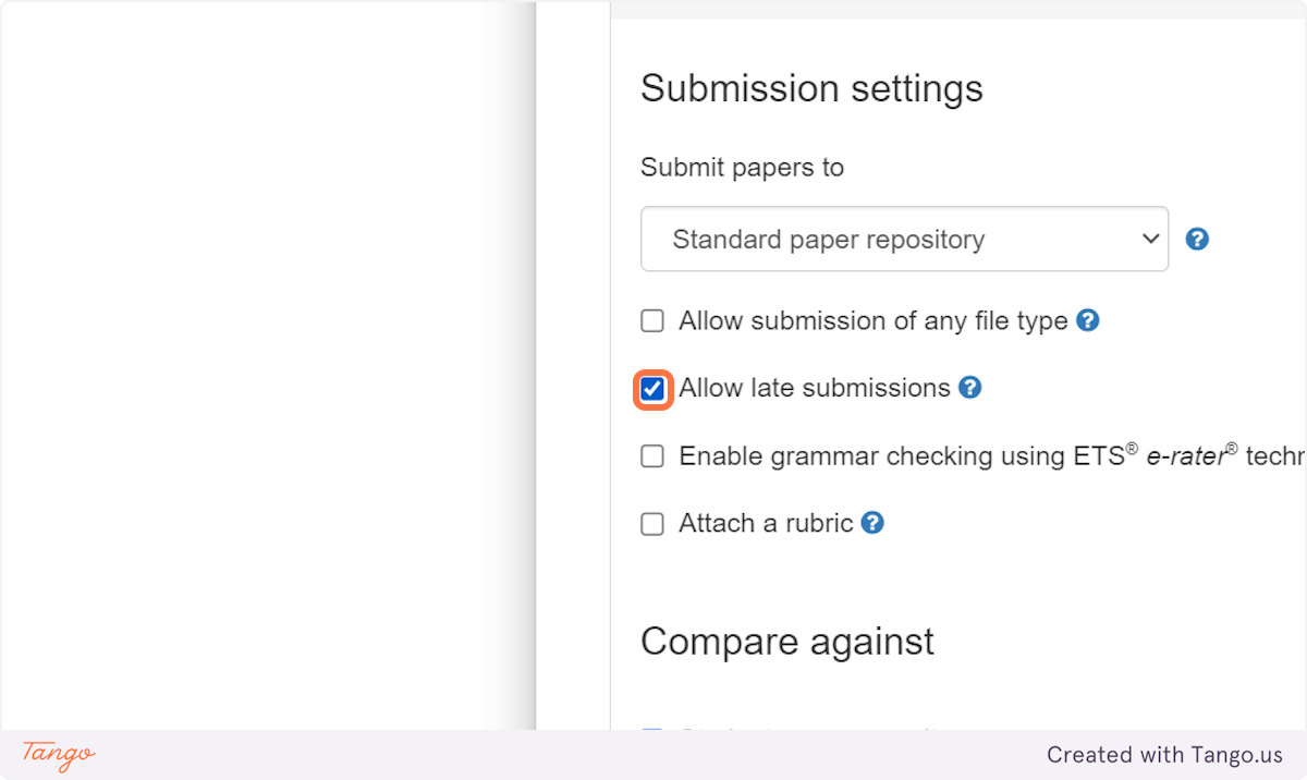 If you want to allow submissions after the due date, check Allow late submissions 