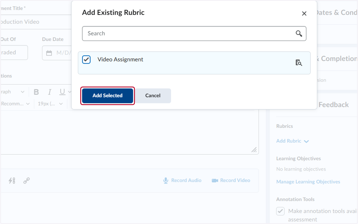 Locate the rubric you want to add and select it