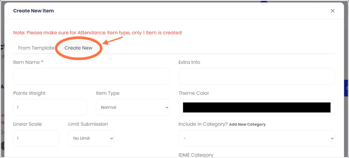 Untuk menambah item secara manual, klik 'Create Item' kemudian klik 'Create New'.