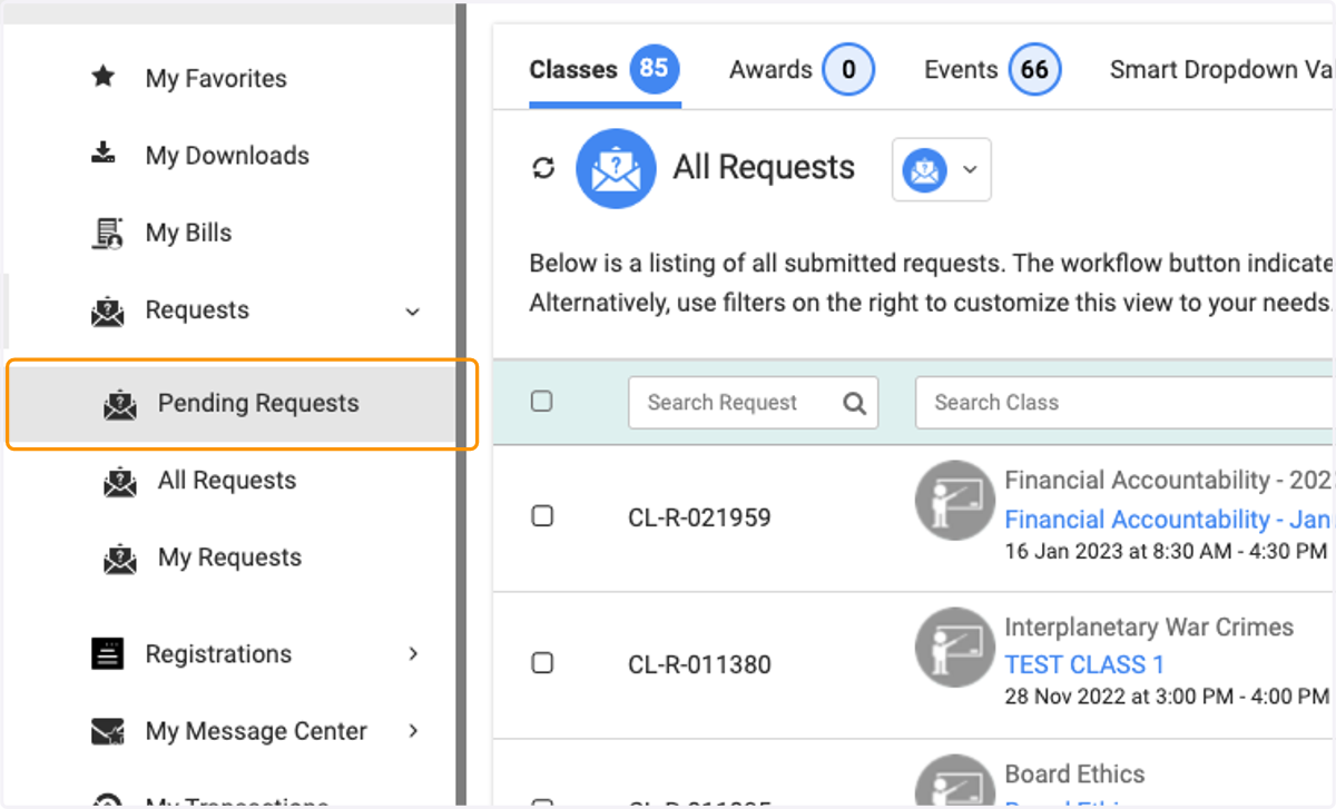 Now, let's look at just the Pending requests (meaning there is still action to be done on these). Click on Pending Requests
